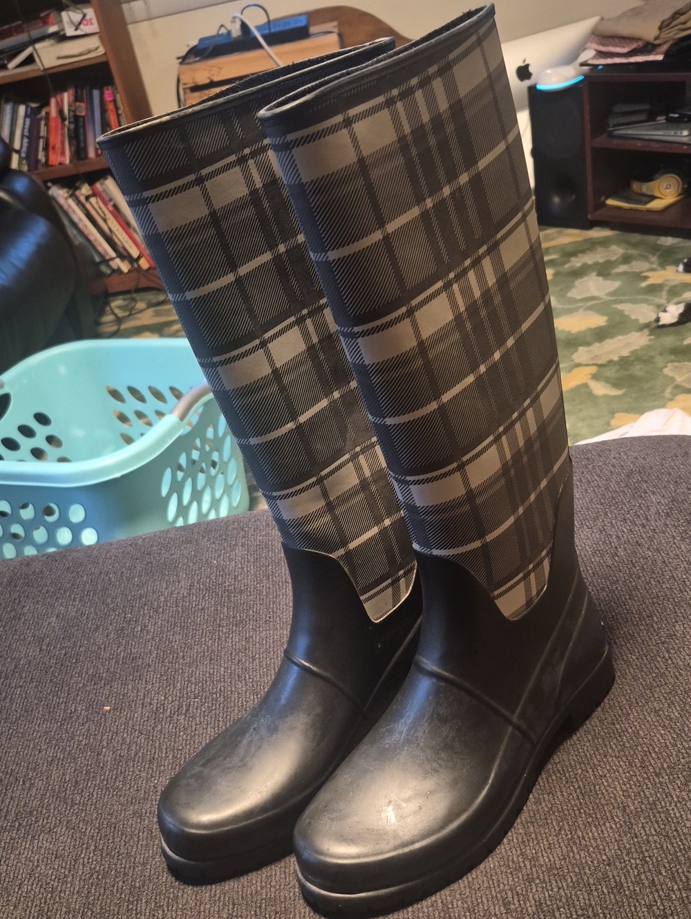 Ralph Lauren Black and Gray Plaid Tall Rain Boots